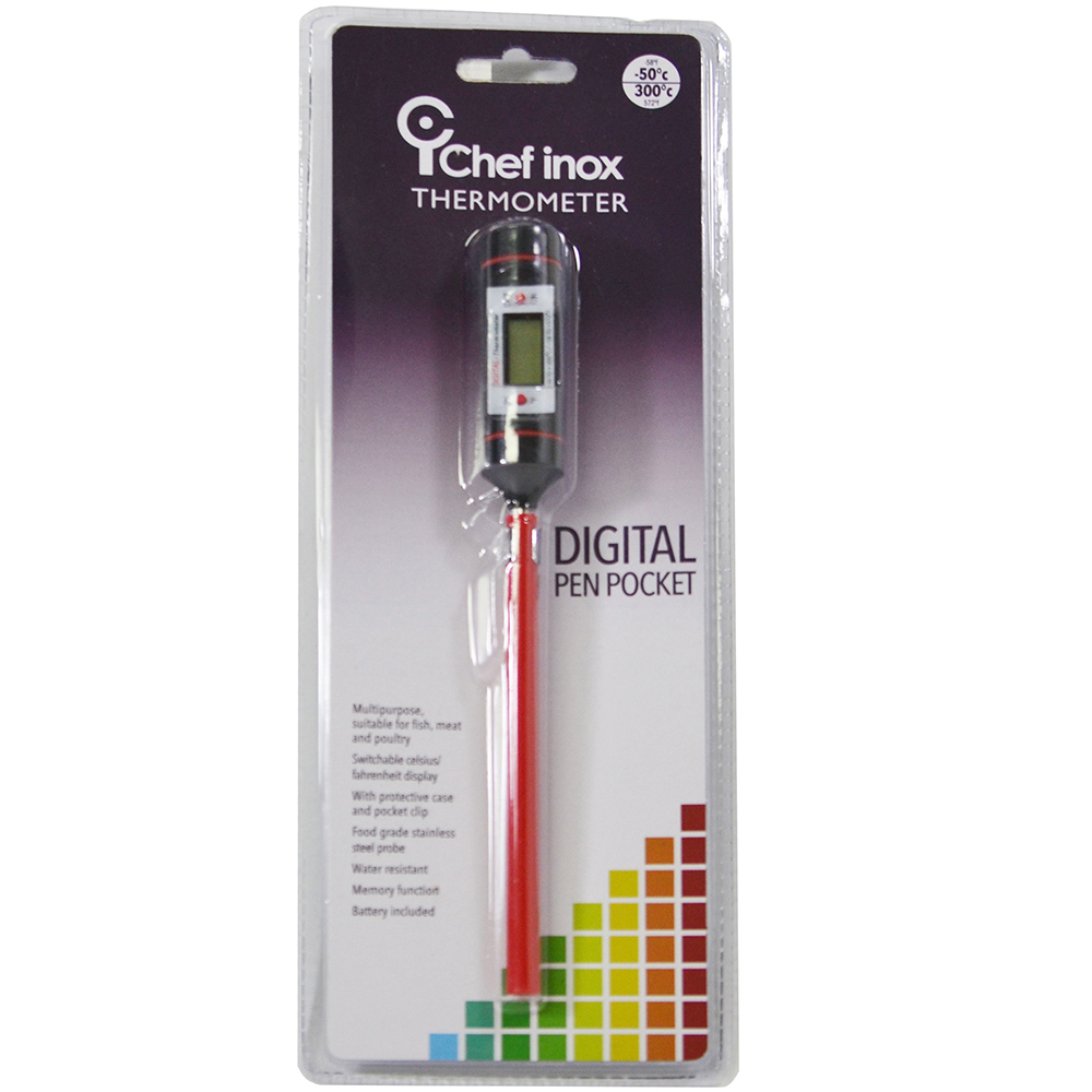 Digital thermometer in a red pen-style body inside clear packaging, with LCD display and 'Chef inox THERMOMETER' branding on purple-to-white background.