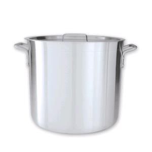 Large stainless steel stock pot with two side handles and a matching lid.