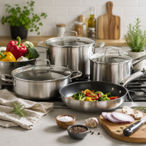 Stainless steel pots on a gas stove with a frying pan of colorful vegetables and fresh herbs nearby on the counter in a bright kitchen